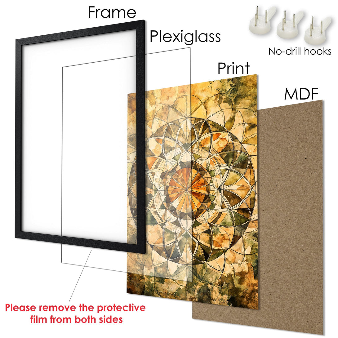 Framed Poster with abstract geometric art in warm earth tones. Modern wall art ready to hang.