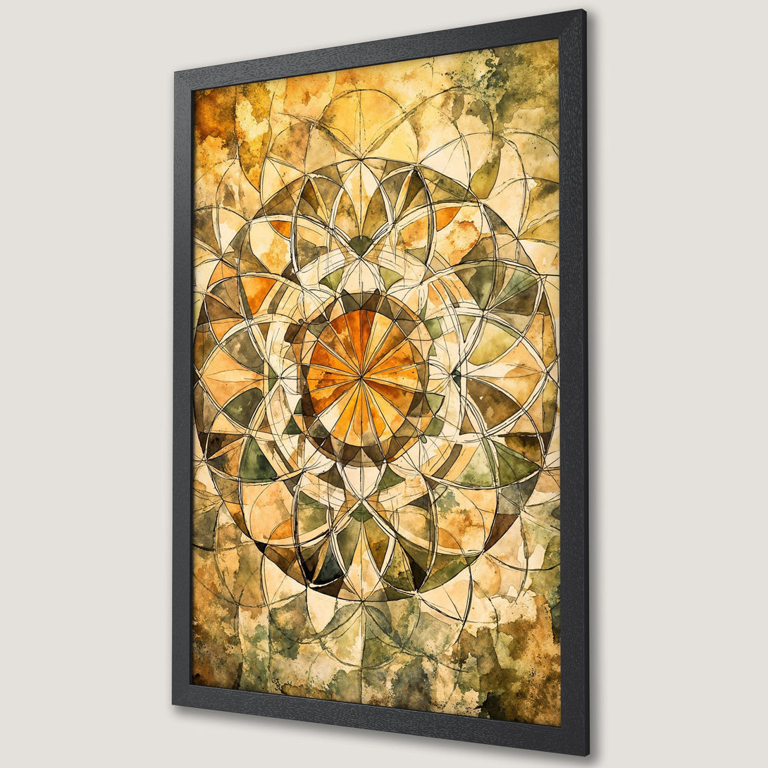 Framed Poster featuring a watercolor mandala design. Earthy tones of gold, brown, and green create a calming, artistic vibe. Perfect wall decor!