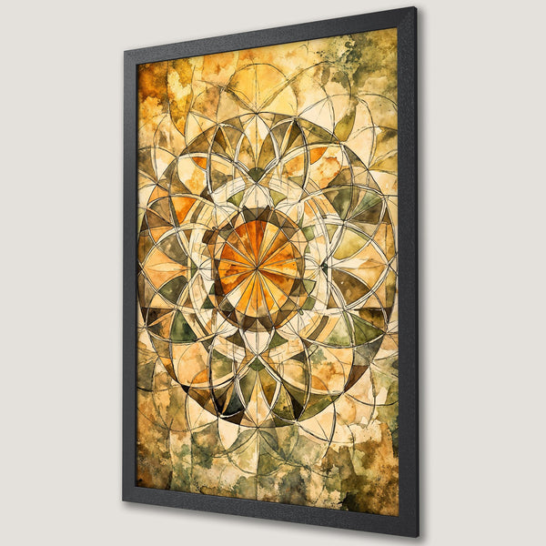 Framed Poster featuring a watercolor mandala design. Earthy tones of gold, brown, and green create a calming, artistic vibe. Perfect wall decor!