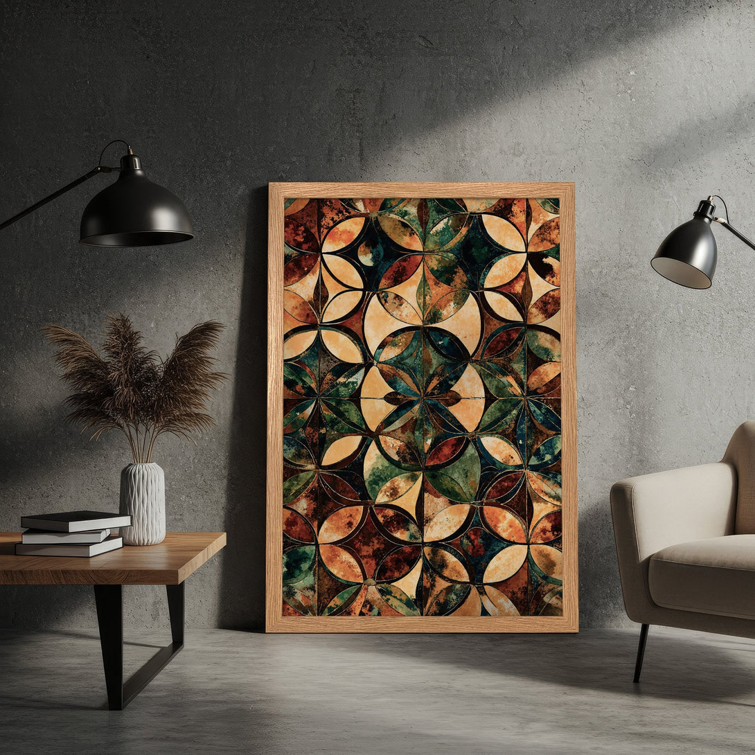 Framed Poster with geometric pattern in earthy tones. Modern art print for home decor. Shop now!