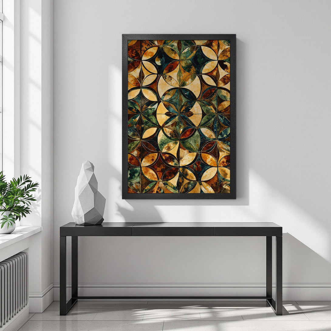 Framed Poster featuring a geometric floral design with a warm, earthy color palette. Perfect wall art for any space!