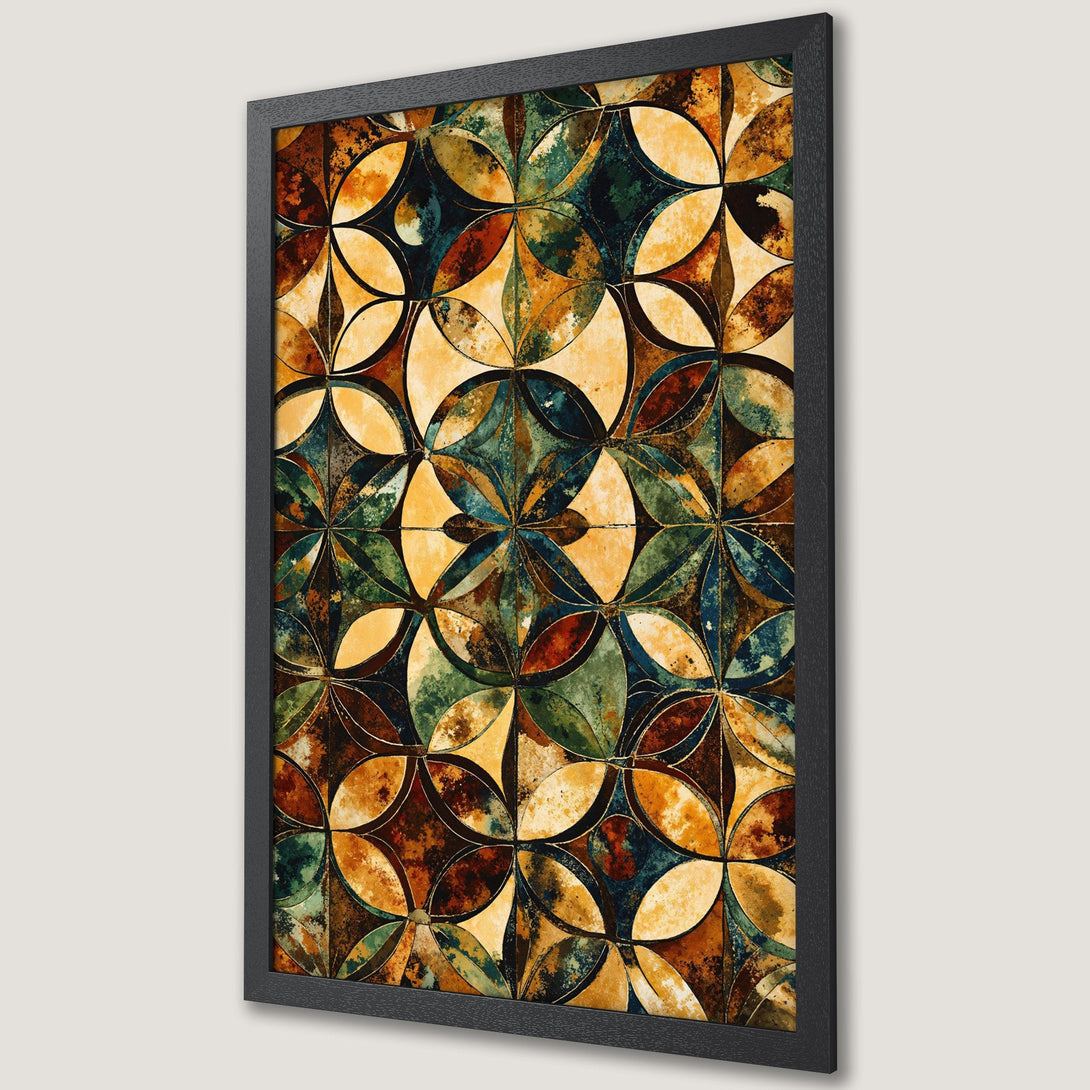 Framed Poster featuring a geometric floral design in warm earthy tones. Perfect wall art for any room.