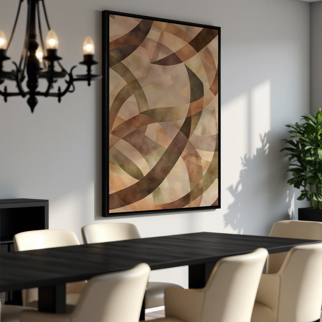 Framed Wall Art featuring an abstract design in warm earth tones. Perfect for adding a touch of modern elegance to any dining room or living space.