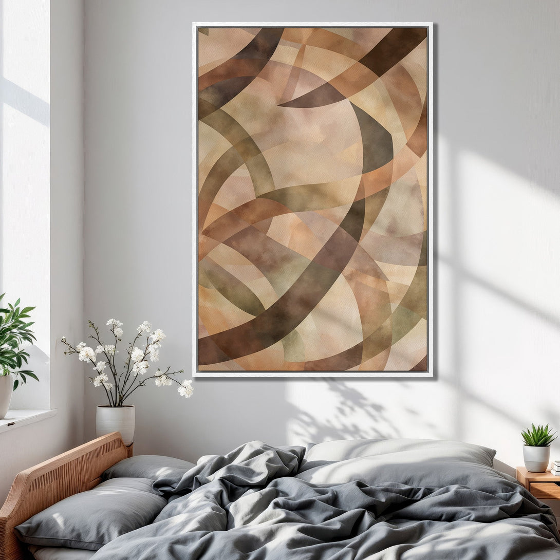 Framed Wall Art featuring an abstract geometric design in warm earth tones. Perfect bedroom decor with a neutral color palette. Elevate your space with this art piece!