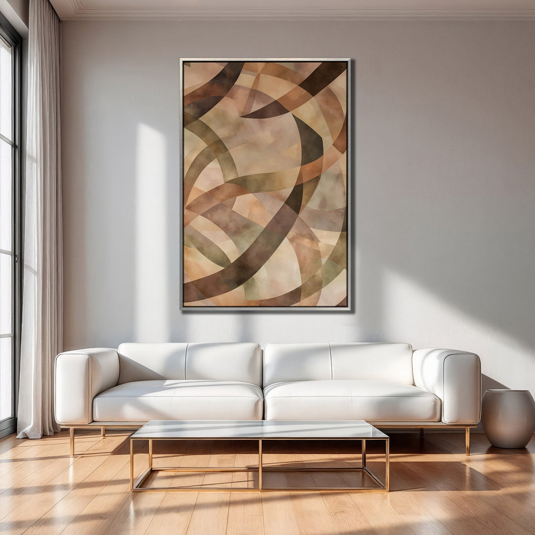 Framed Wall Art featuring abstract geometric design in warm brown and beige tones, perfect for modern living room decor.