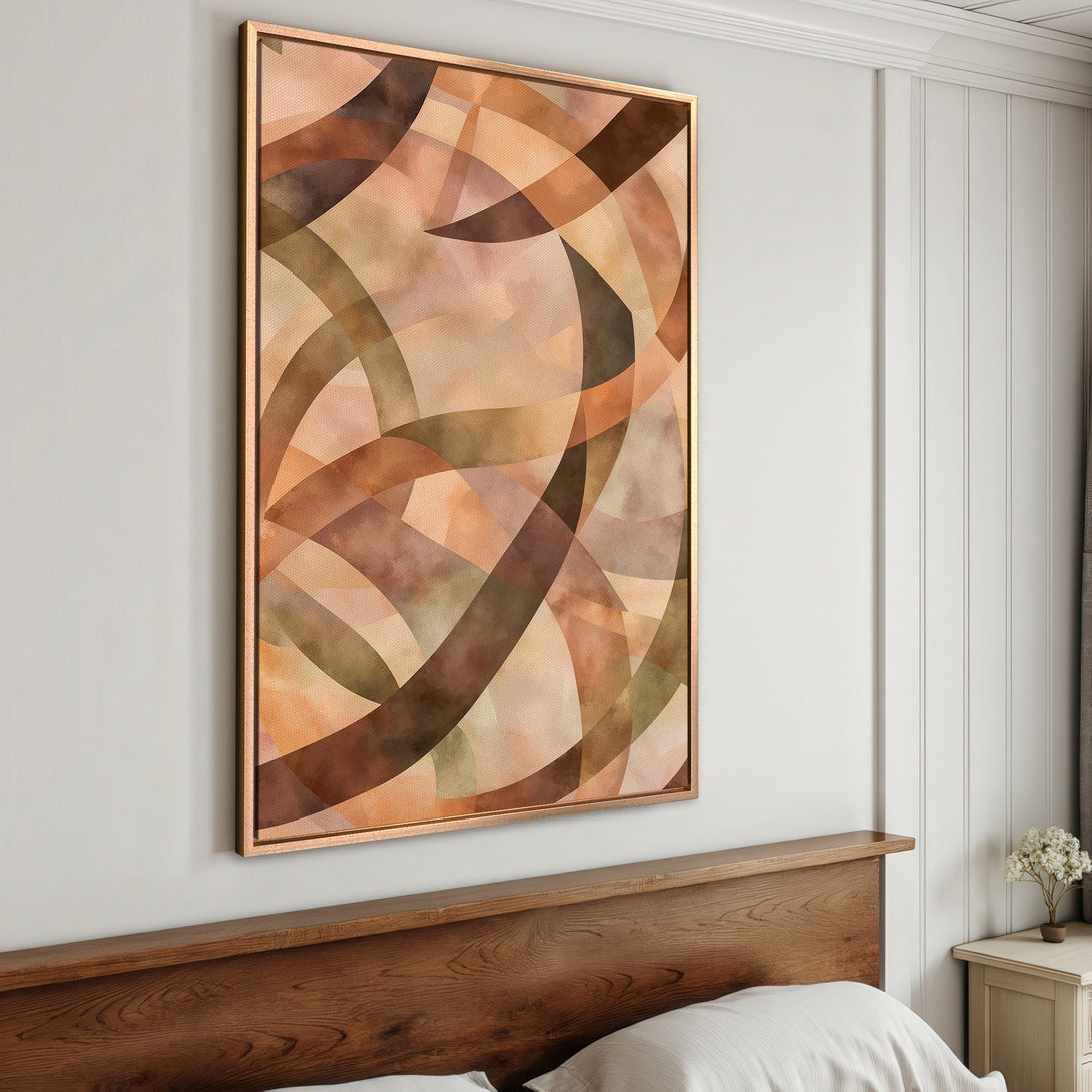 Framed Wall Art: Abstract geometric design in warm earth tones. Perfect for adding a touch of modern style to your bedroom decor.
