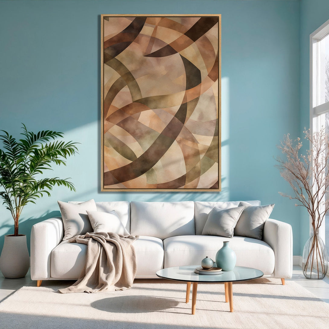Framed Wall Art: Abstract earth-toned design, displayed in a modern living room. Warm neutral color palette creates a calming, stylish atmosphere.