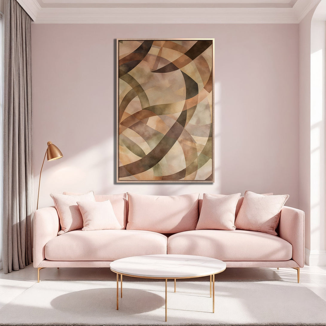 Framed Wall Art featuring abstract geometric design in brown and beige tones, displayed in a stylish living room with a pink sofa.
