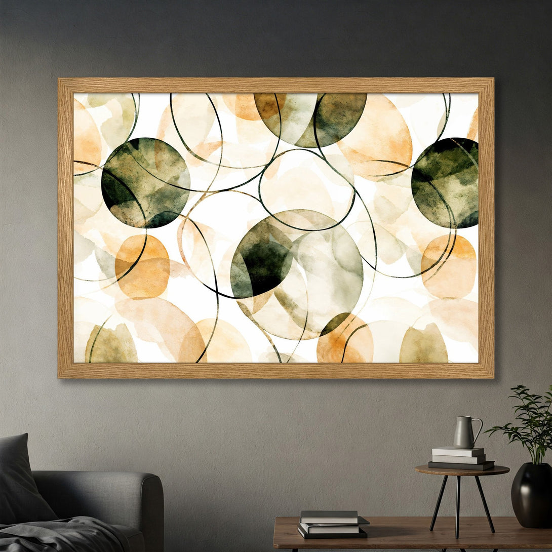 Framed Poster featuring abstract watercolor circles in earth tones. Modern art print for home decor.