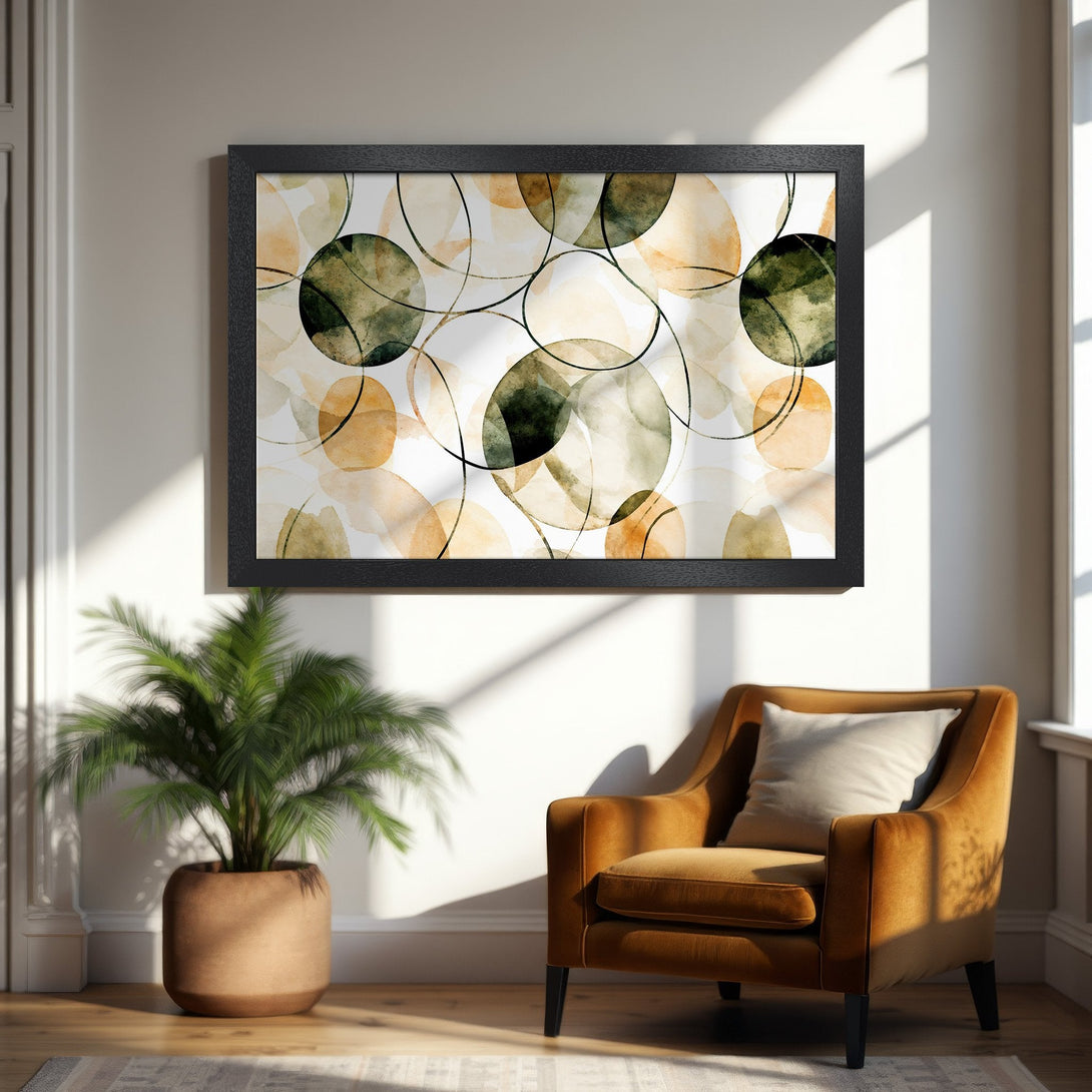 Framed Poster featuring abstract watercolor art in earthy tones of green, gold, and beige. Modern art for your home!