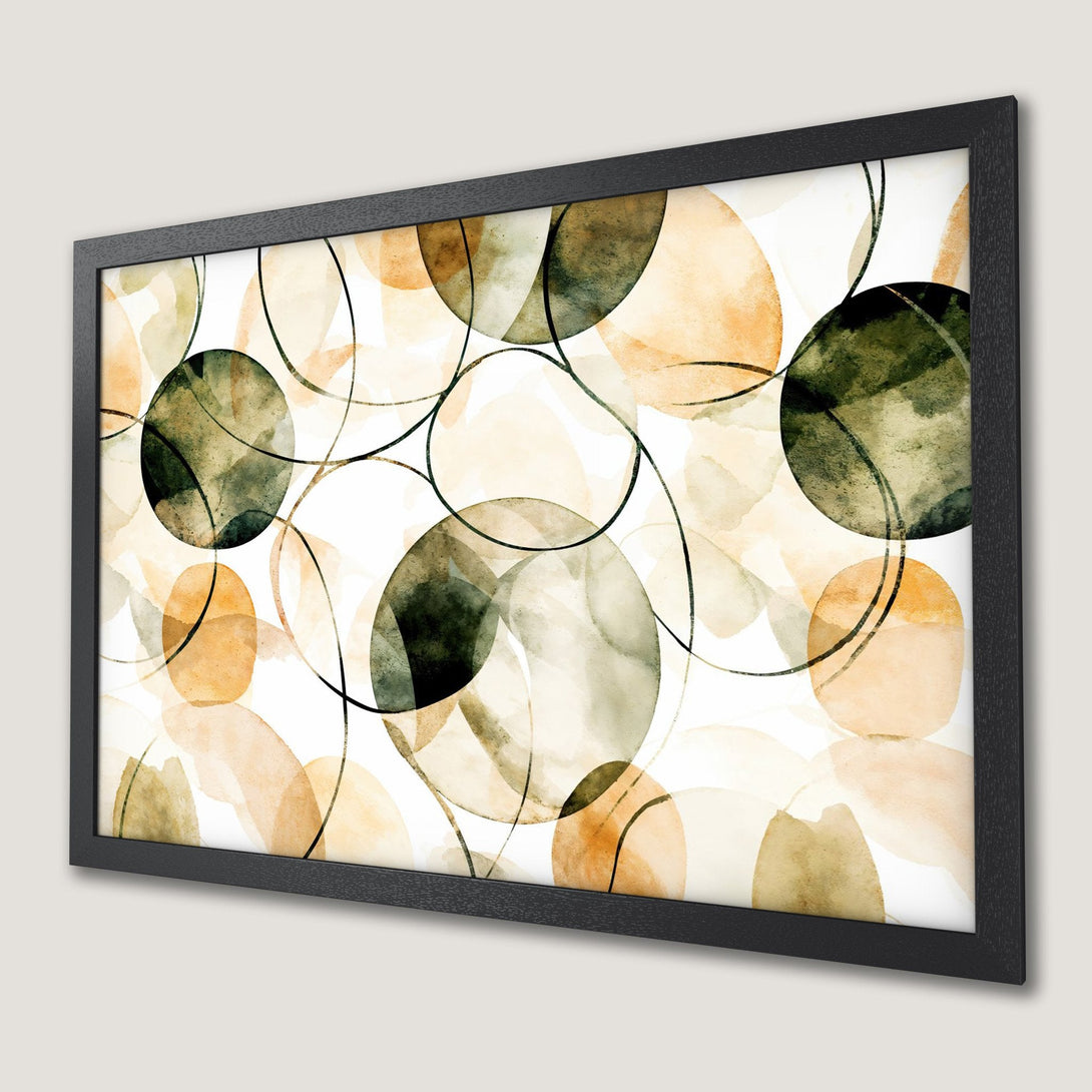 Framed Poster featuring abstract watercolor circles in earthy tones. Perfect art for modern decor.