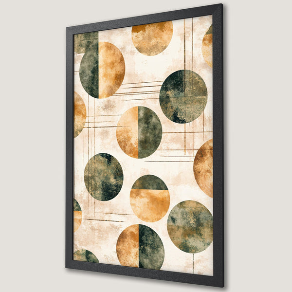 Framed Poster featuring abstract geometric art with circles in a warm, earthy color palette of beige, green, and gold. Perfect wall decor!