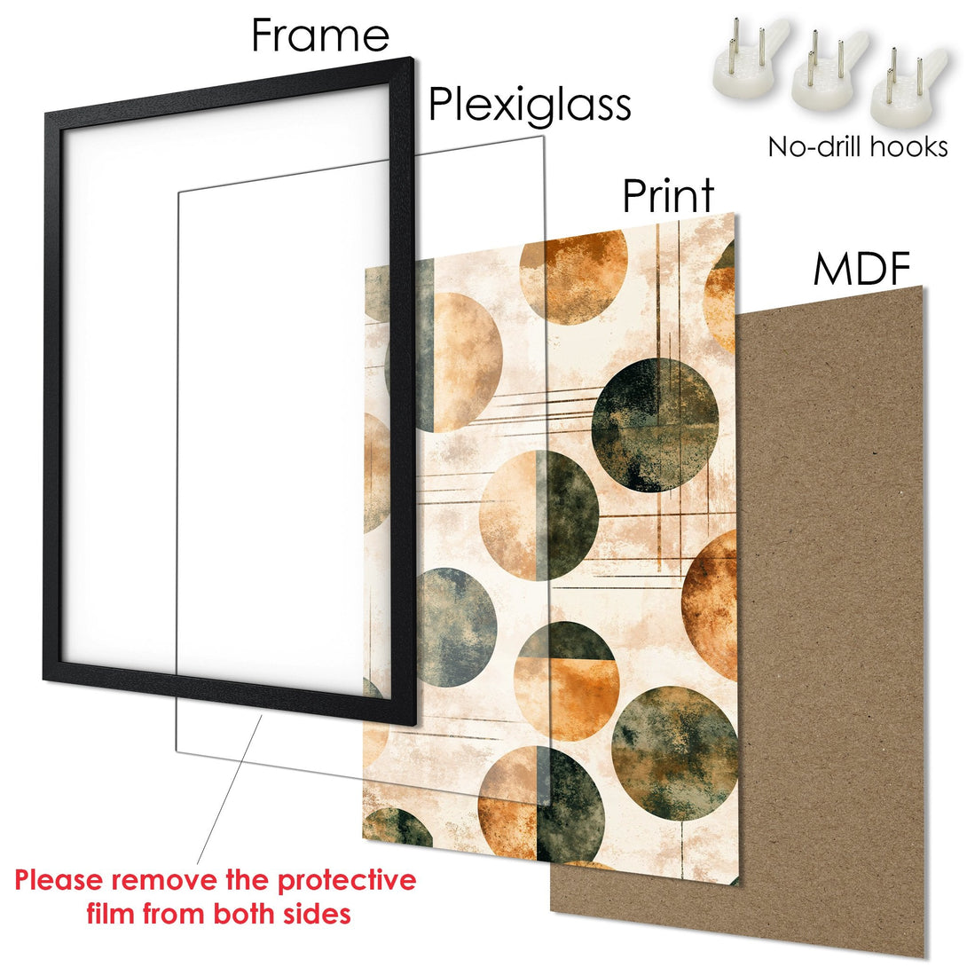 Framed Poster with abstract geometric design in earthy tones. Modern art print for home decor. Includes no-drill hooks.