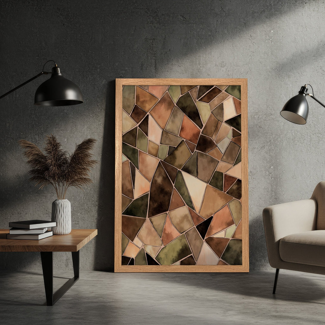 Framed Poster featuring abstract geometric art in warm earth tones. Perfect for modern decor!