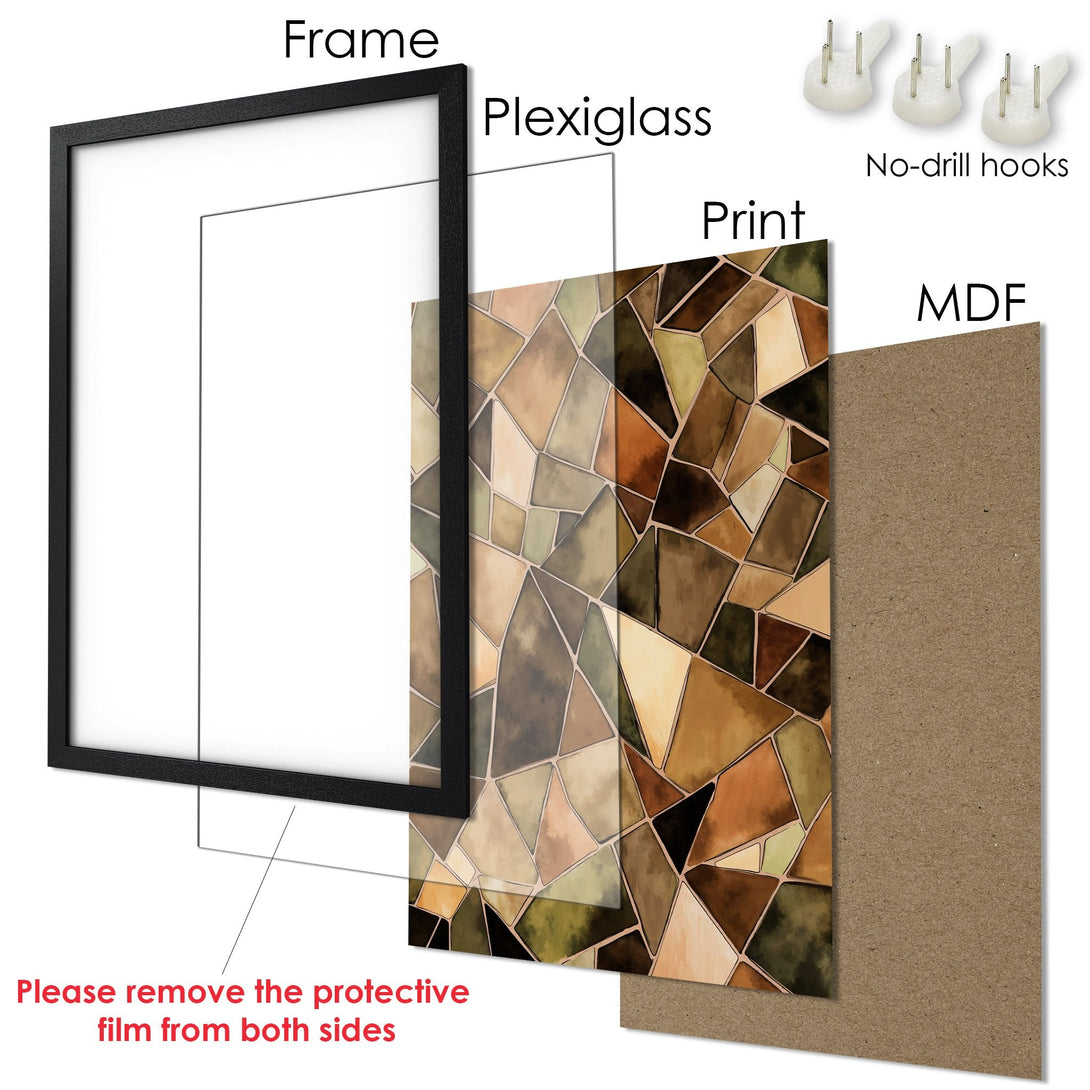 Framed Poster with abstract geometric art in warm earth tones. Ready to hang!