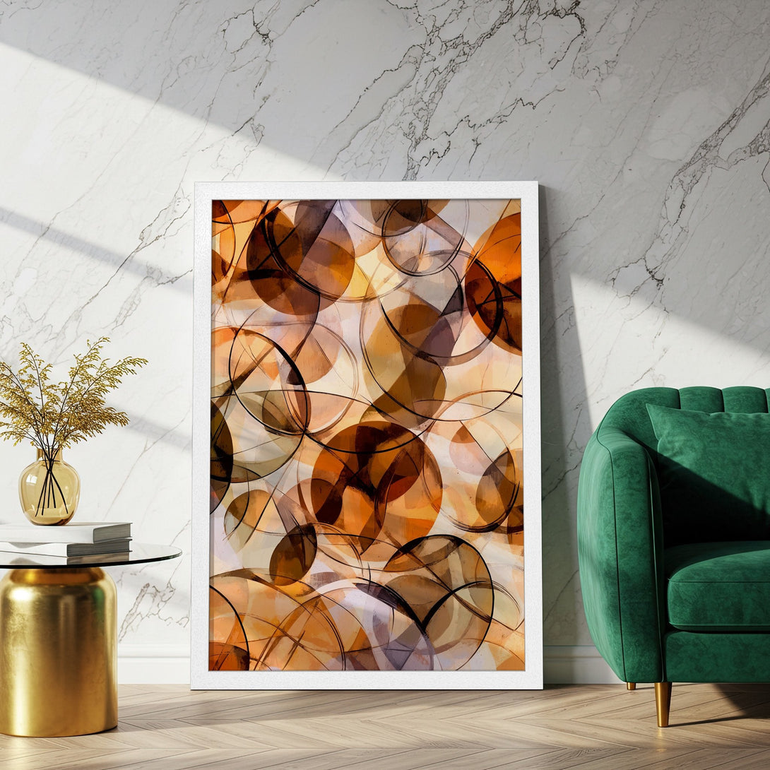 Framed Poster featuring abstract circles in warm orange and brown tones. Modern art print for stylish home decor.