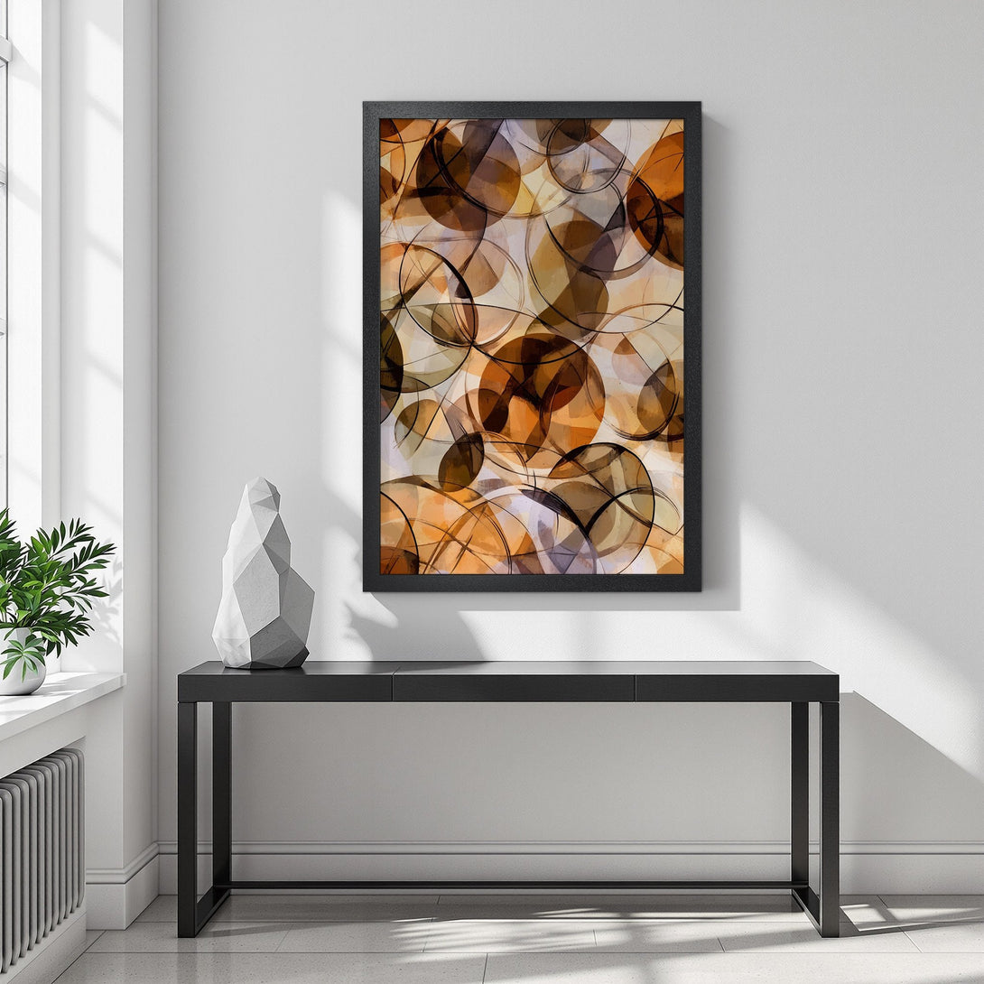 Framed Poster featuring abstract circles in warm brown tones, perfect for modern home decor.