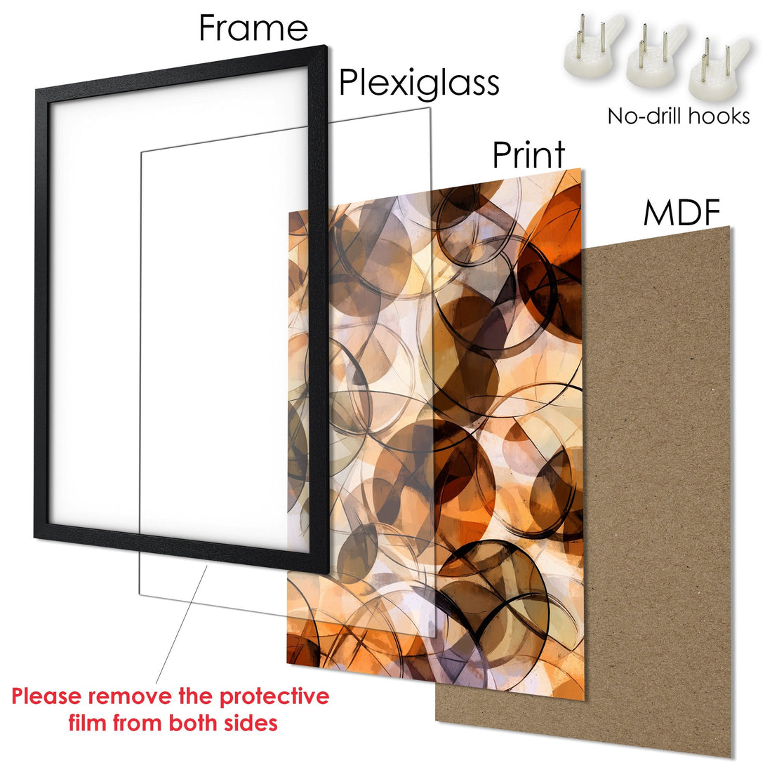 Framed Poster featuring abstract art in warm orange and brown tones. Modern wall decor for your home or office.