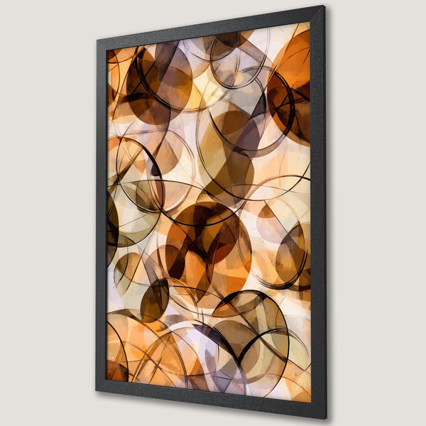 Framed Poster featuring abstract art with overlapping circles in warm orange, brown, and beige tones. Modern wall decor for your home.