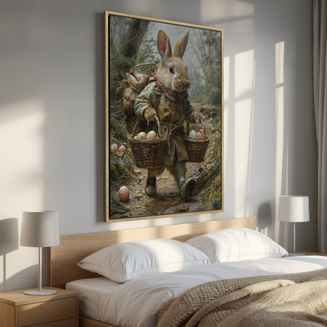 Framed Wall Art: Charming rabbit carrying Easter eggs in a whimsical, vintage style. Earthy tones and soft lighting create a cozy, inviting atmosphere.