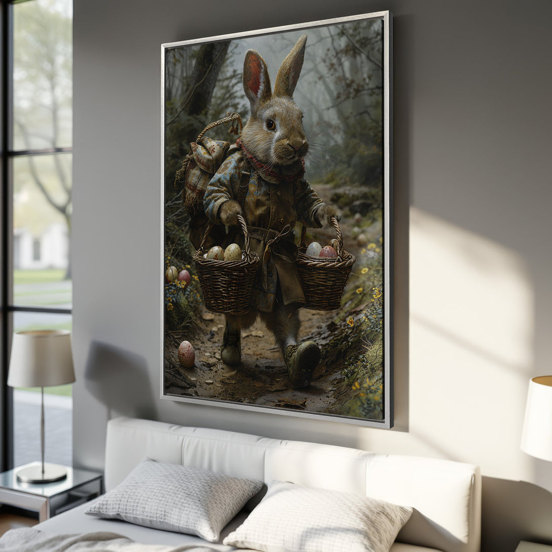 Framed Wall Art featuring a whimsical rabbit carrying Easter baskets in a forest scene. Earthy tones and detailed illustration style, perfect for spring decor.