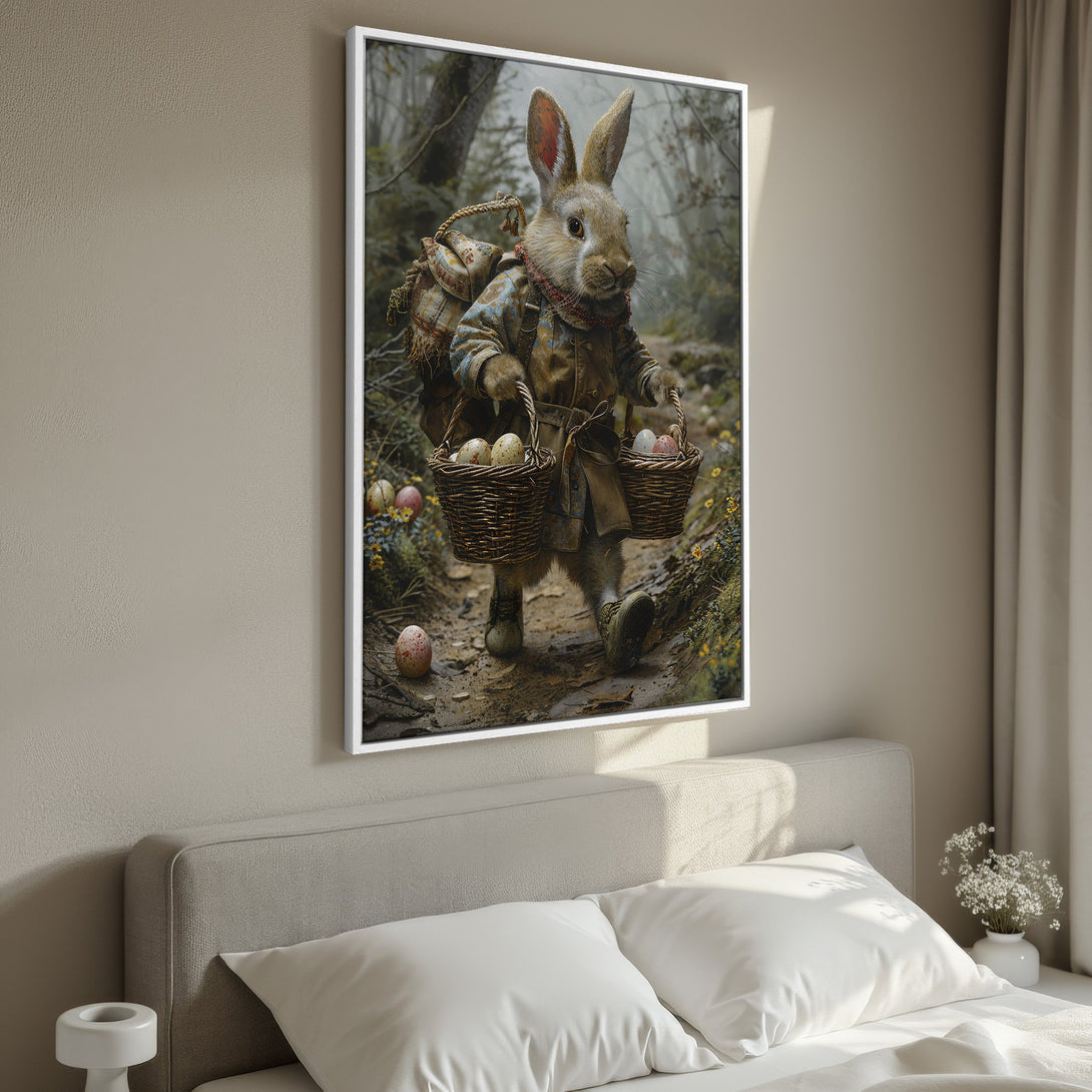 Framed Wall Art of a whimsical rabbit carrying Easter eggs in a forest scene. Earthy tones and a cozy, storybook style perfect for any room.