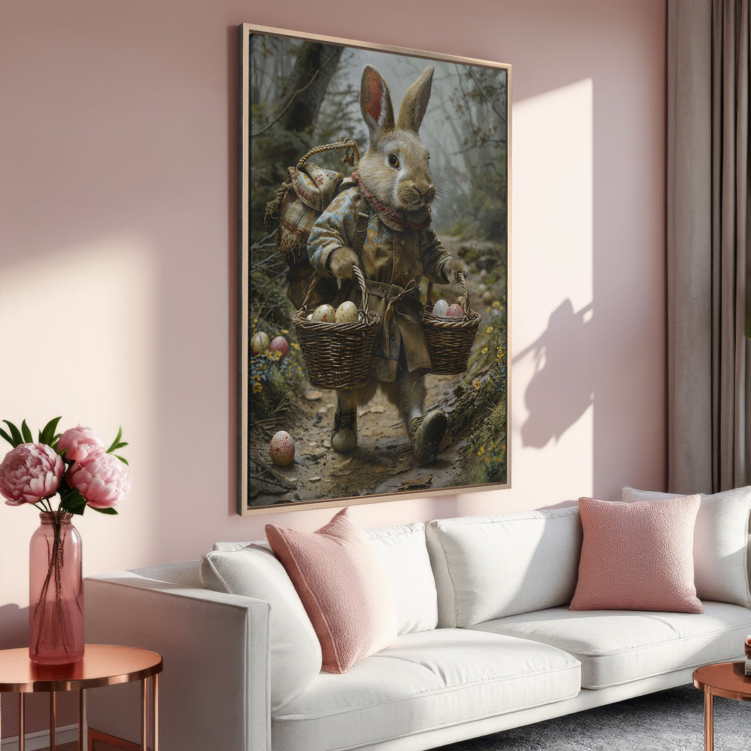 Framed Wall Art: Whimsical rabbit carrying Easter eggs in a forest scene. Warm, earthy tones with a touch of whimsy. Perfect for spring decor.