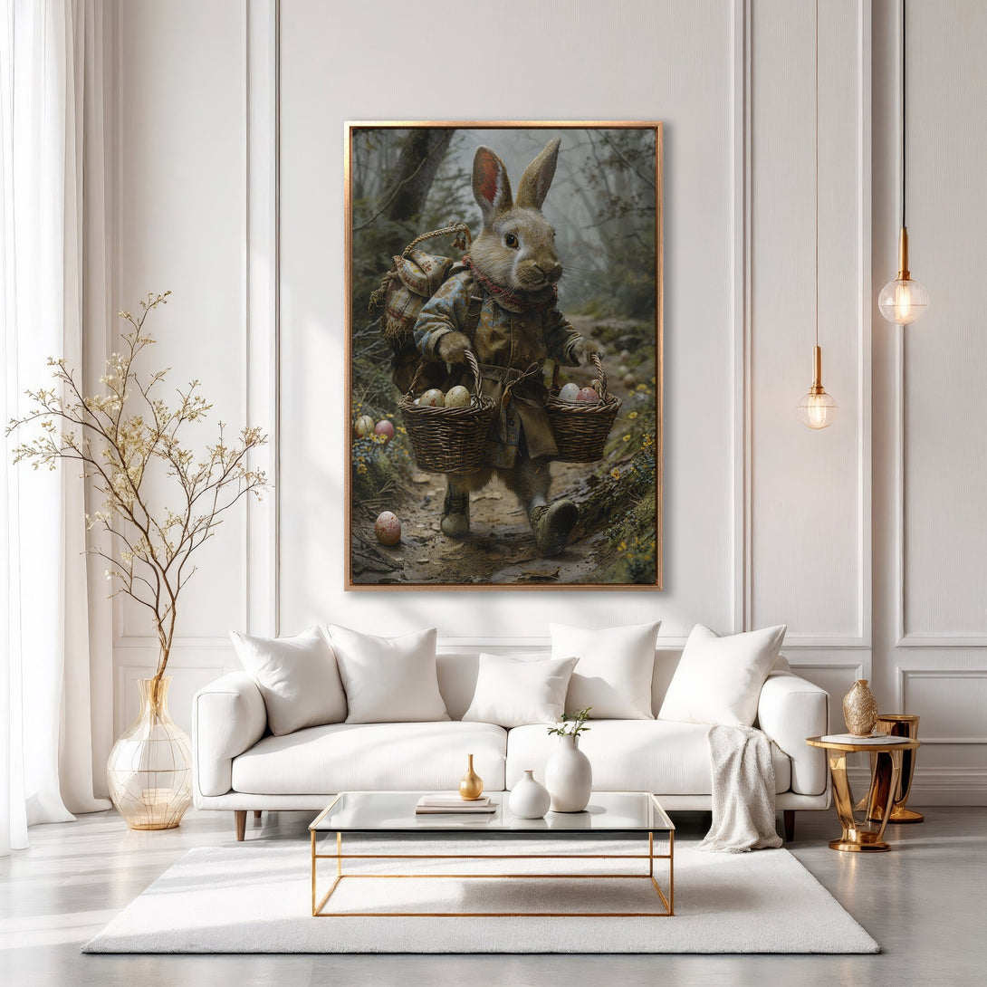 Framed Wall Art: Whimsical rabbit carrying baskets of eggs, displayed in a modern living room. Earthy tones and a touch of gold create an elegant, inviting space.