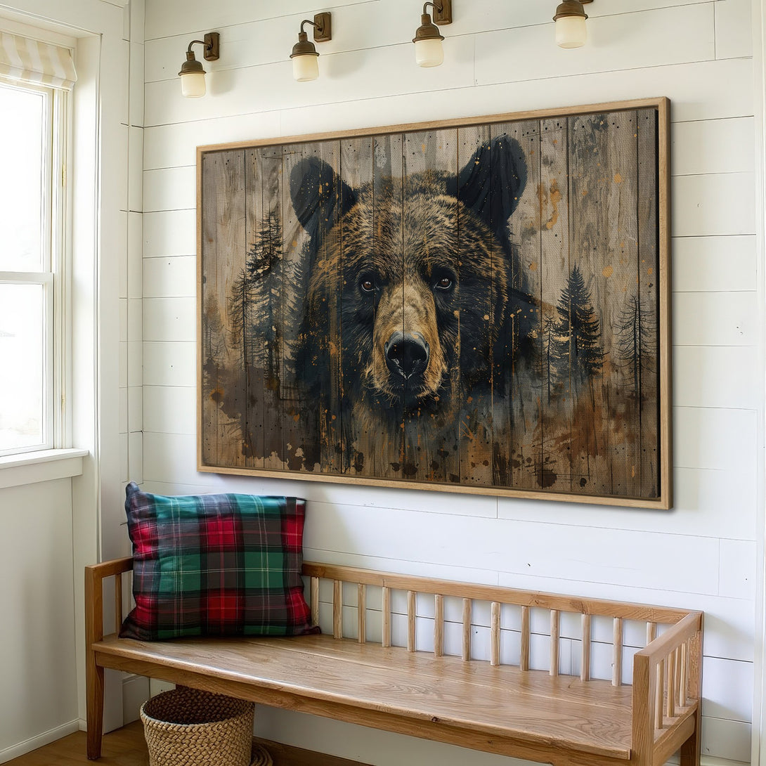 Framed Wall Art of a majestic bear, rustic style, warm brown and black palette. Perfect for cabin decor!