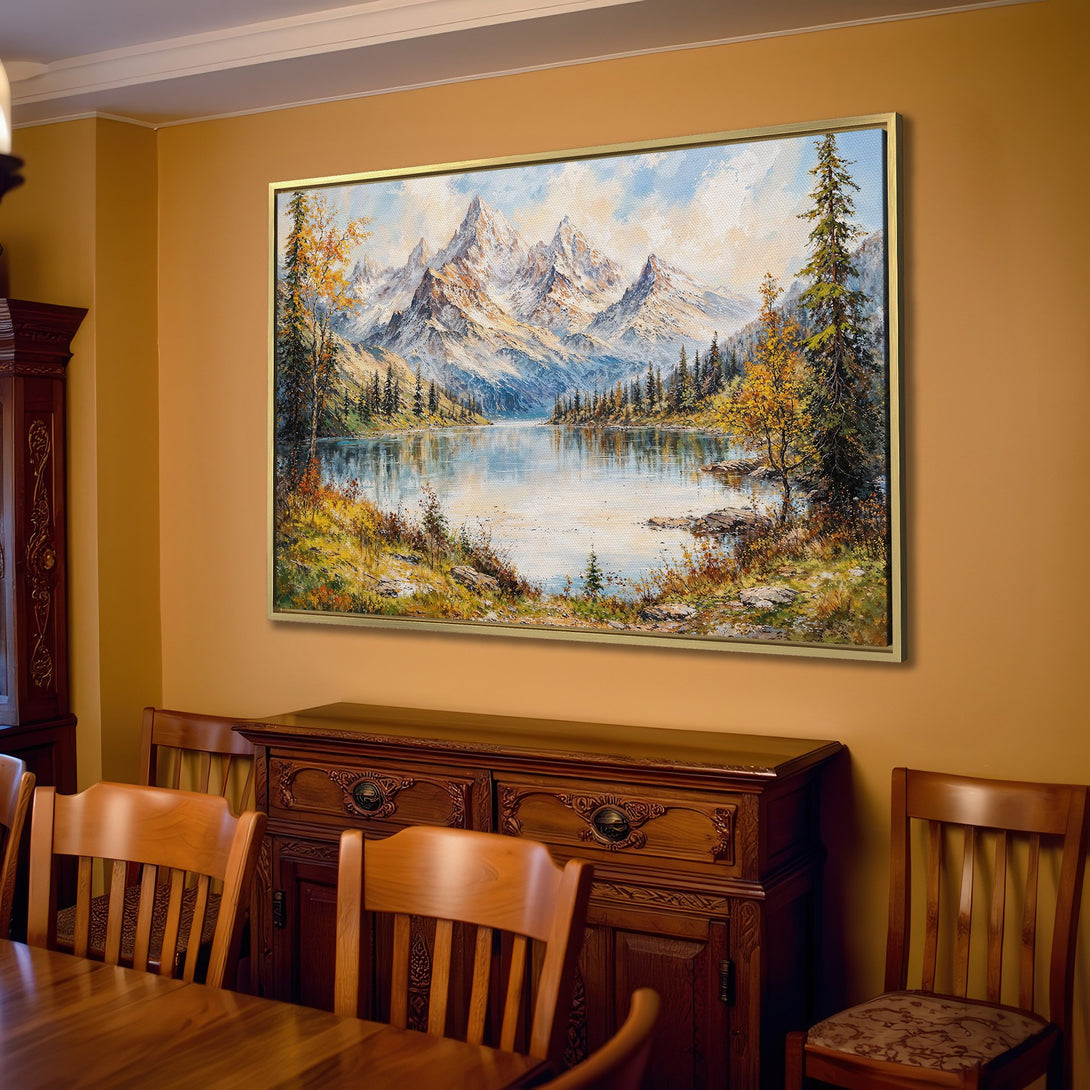 Canvas Print of a serene mountain lake landscape painting in a warm, neutral interior. Earthy tones and a classic style create a cozy atmosphere.