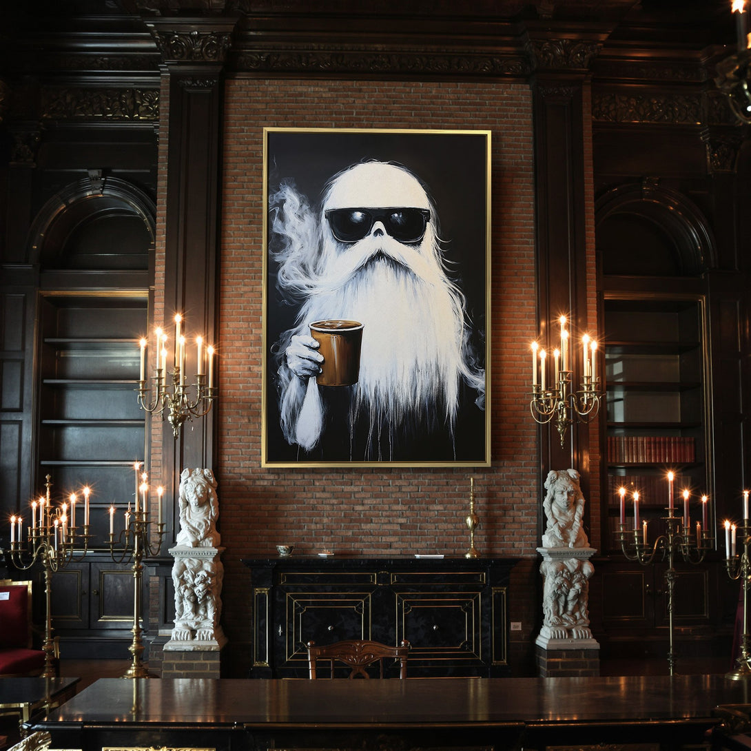 Canvas Print of a cool ghost with sunglasses, holding a coffee cup. Black and white art with a touch of brown. Perfect Halloween decor!