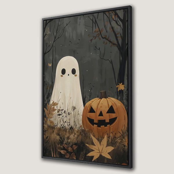 Framed Wall Art featuring a cute ghost and jack-o'-lantern in a whimsical, autumn-toned illustration. Perfect Halloween decor!