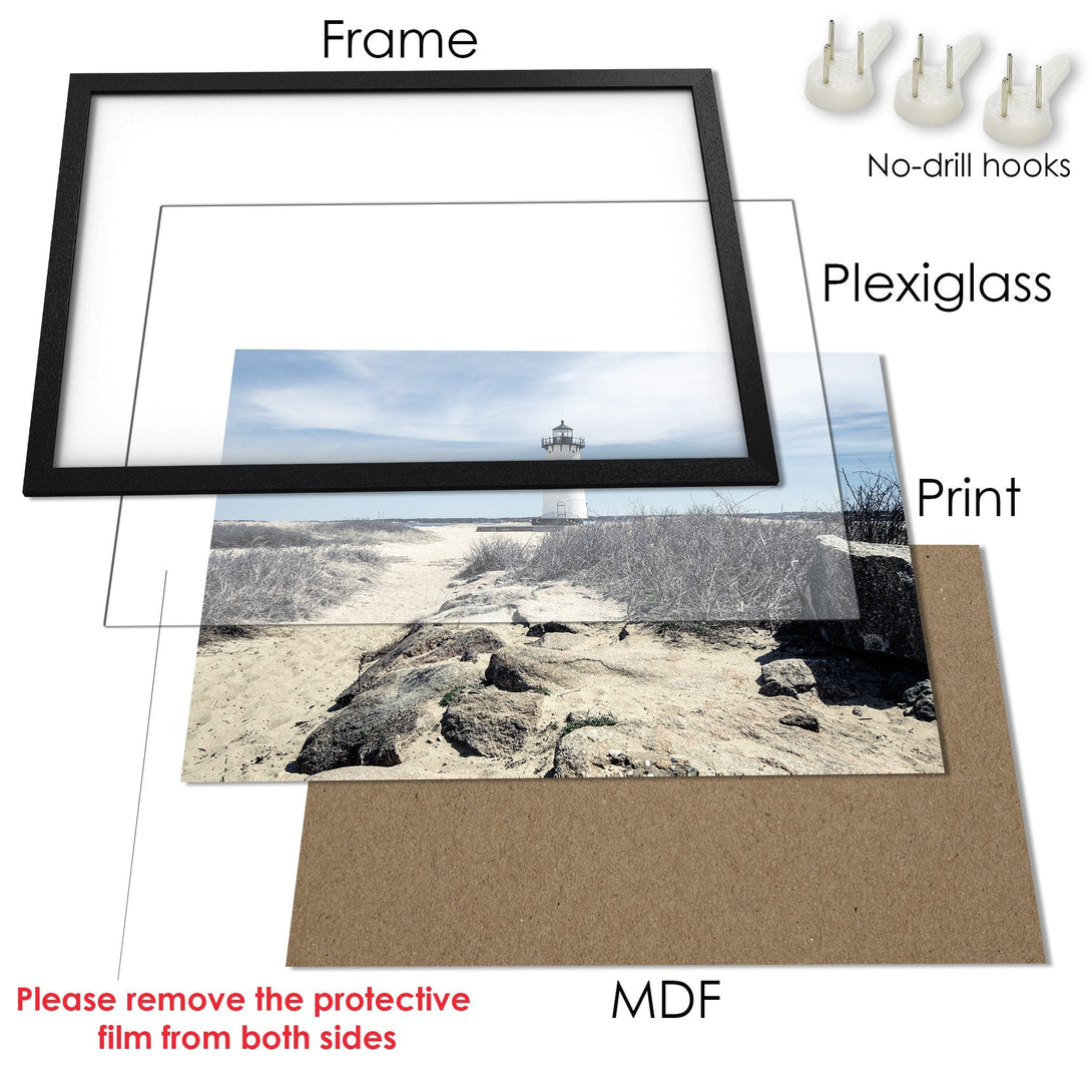 Framed Poster featuring a lighthouse on a sandy beach. Coastal style with neutral tones and a touch of blue. Perfect wall art!