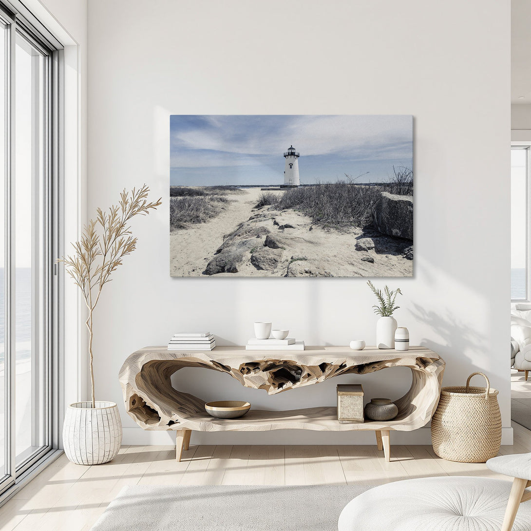 Framed Wall Art: Coastal lighthouse Canvas Print in a serene, neutral color palette. Perfect for adding a touch of tranquility to any space.