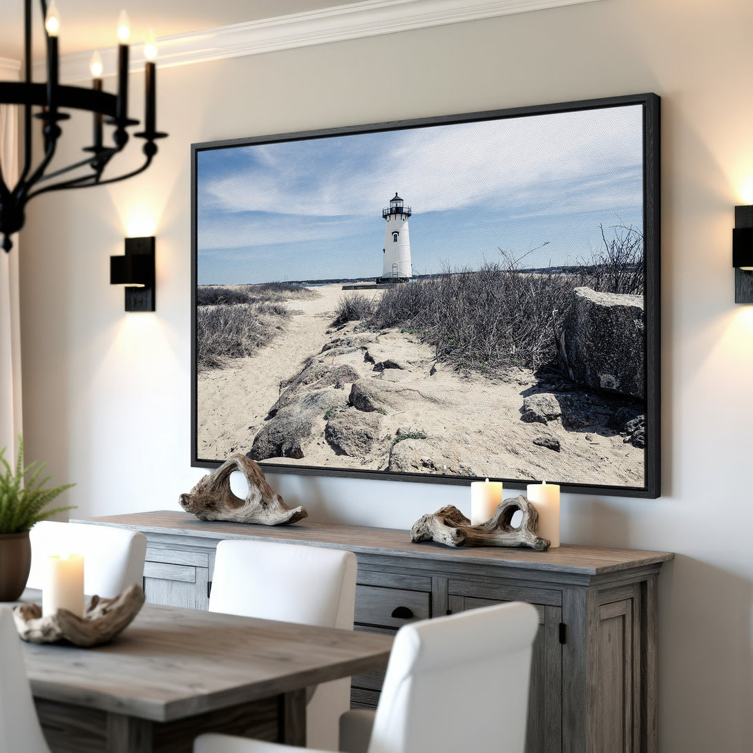 Framed Wall Art: Coastal lighthouse scene in neutral tones. Add a touch of serenity to your home with this beautiful canvas print!