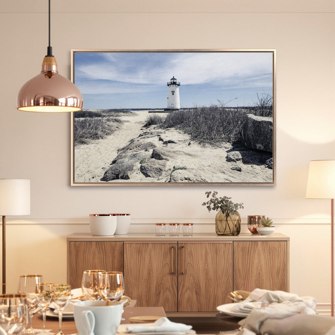 Framed Wall Art: Coastal lighthouse canvas print in neutral tones, perfect for adding a touch of serenity and style to your home decor.