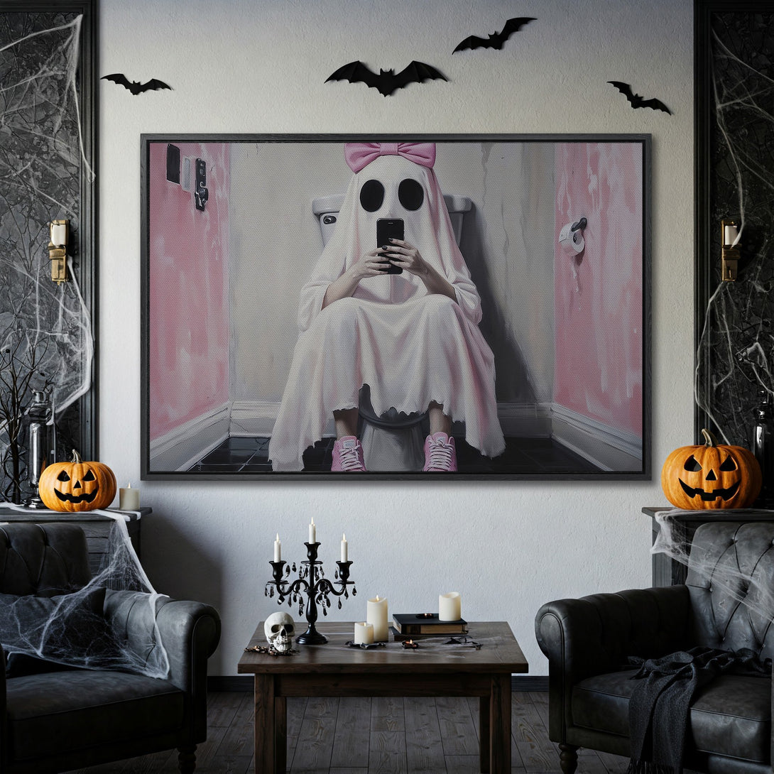 Framed Wall Art: Spooky ghost on the toilet, pink and gray color palette, Halloween decor. Modern art for your home.