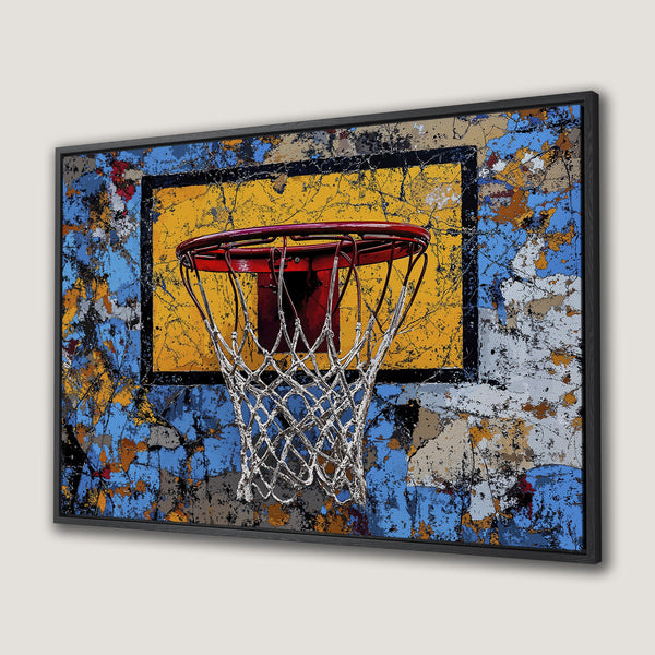 Framed Wall Art: Abstract basketball hoop art in vibrant blue, yellow, and red. Modern style canvas print for a bold statement.
