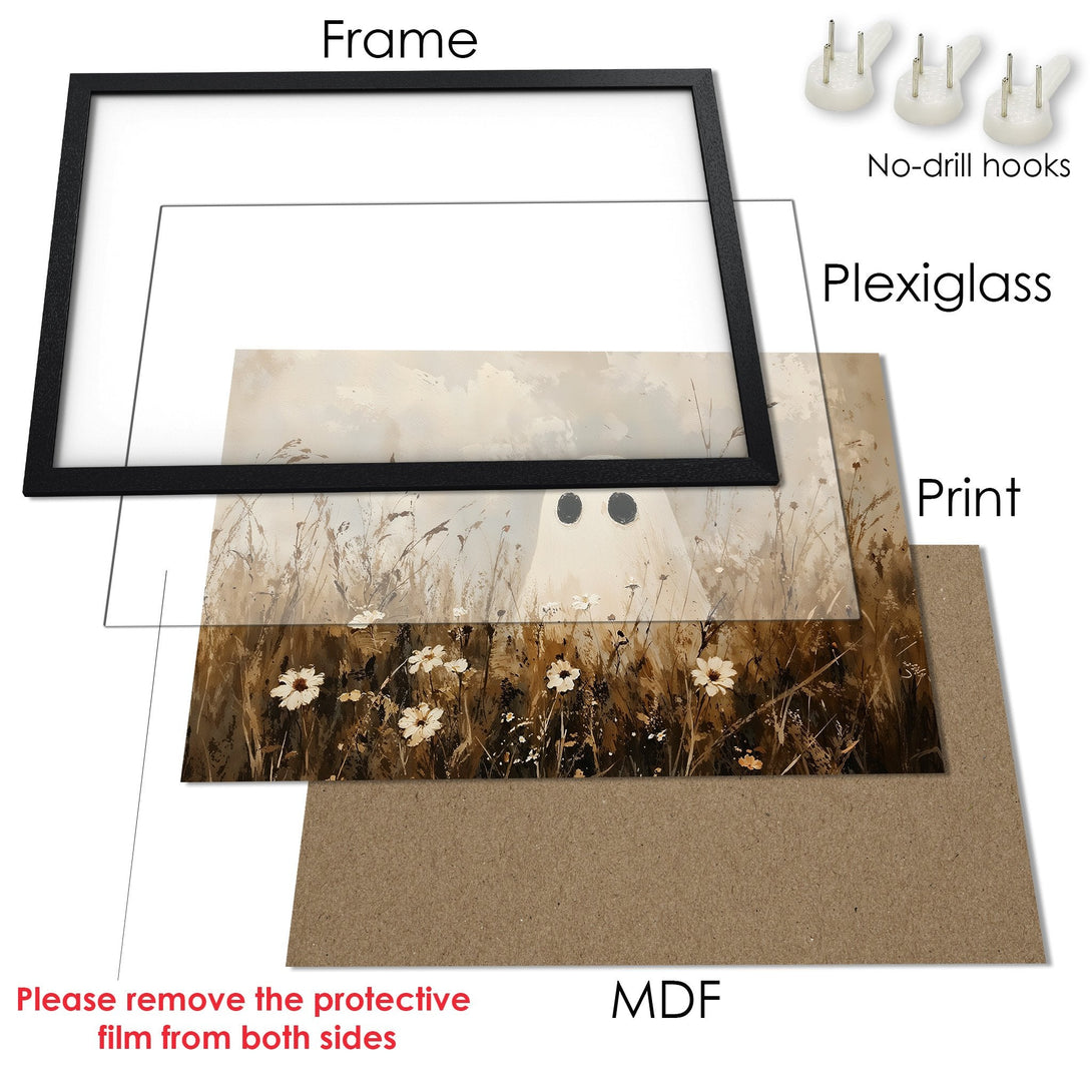 Framed Poster featuring a ghost in a field, with a neutral color palette. Perfect wall art for any room!