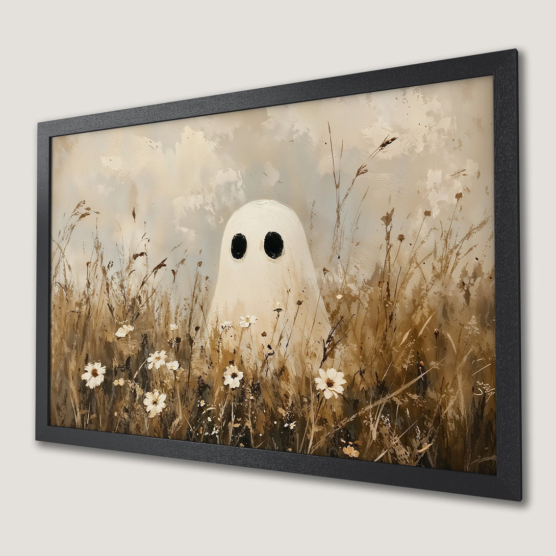 Framed Poster featuring a whimsical ghost in a field, painted in a neutral, earthy color palette. Perfect for Halloween decor!