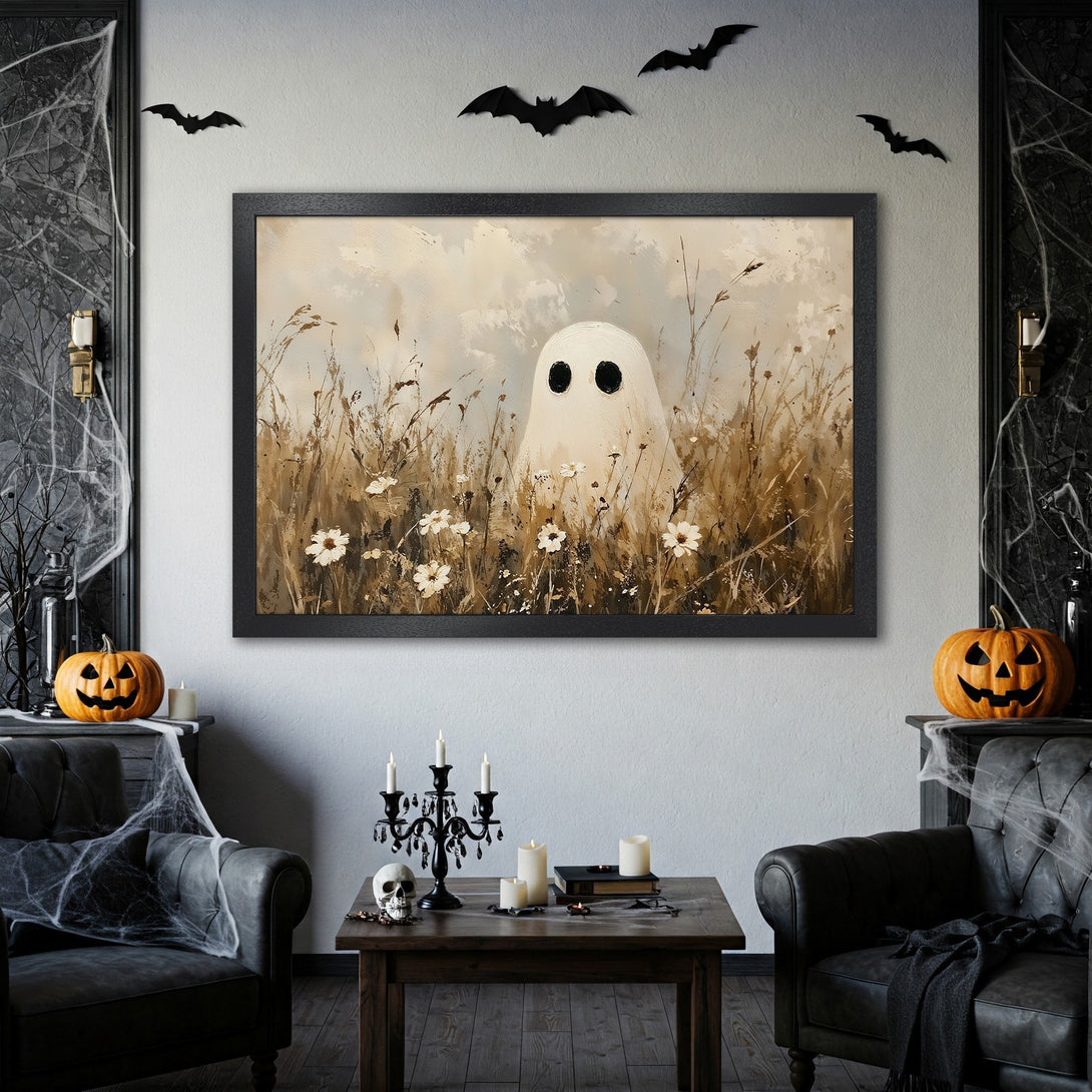 Framed Poster featuring a whimsical ghost in a field, painted in a neutral, earthy color palette. Perfect Halloween decor!