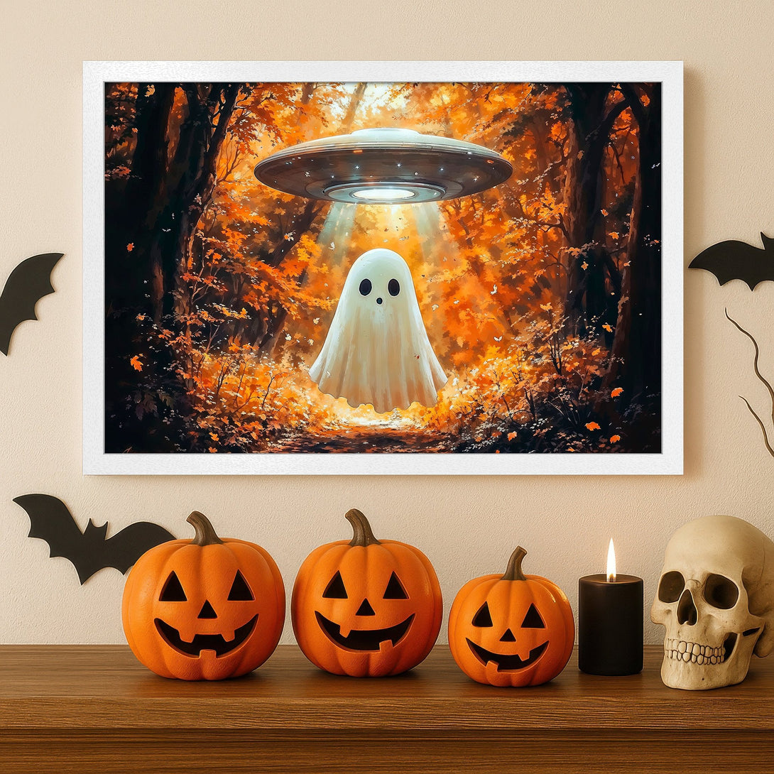 Framed Poster featuring a ghost and UFO in a vibrant autumn forest scene. Warm orange and brown color palette, perfect Halloween decor.
