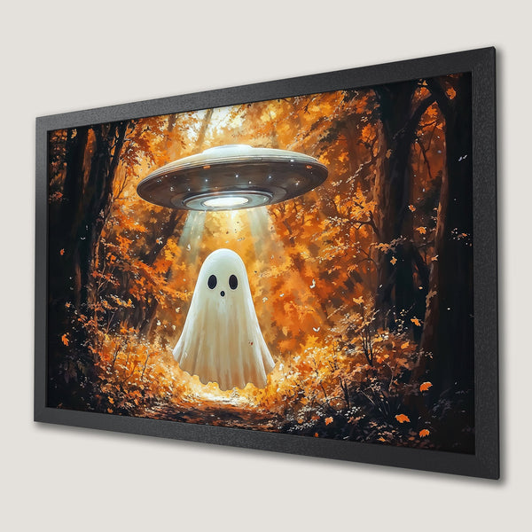 Framed Poster featuring a whimsical ghost and UFO in an autumn forest, warm orange and brown color palette, perfect wall art.