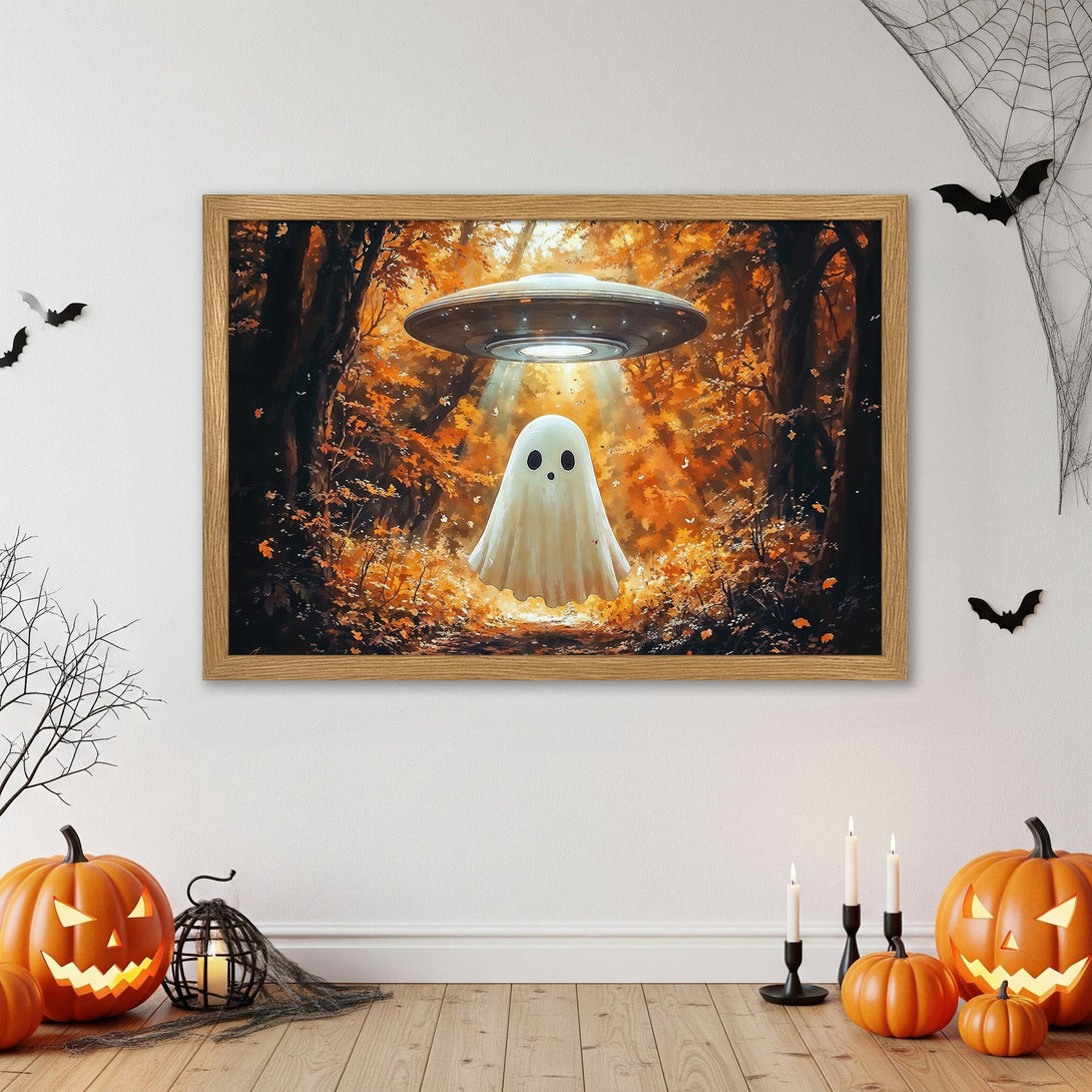 Framed Poster featuring a whimsical ghost and UFO in an autumn forest. Warm orange and brown tones, perfect Halloween decor!