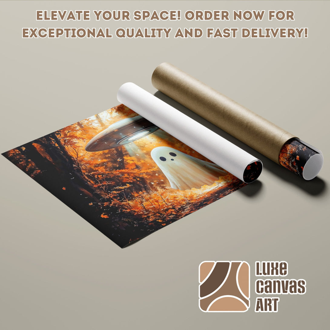 Poster Roll featuring a whimsical forest scene with a ghost, warm autumn colors. Order now!