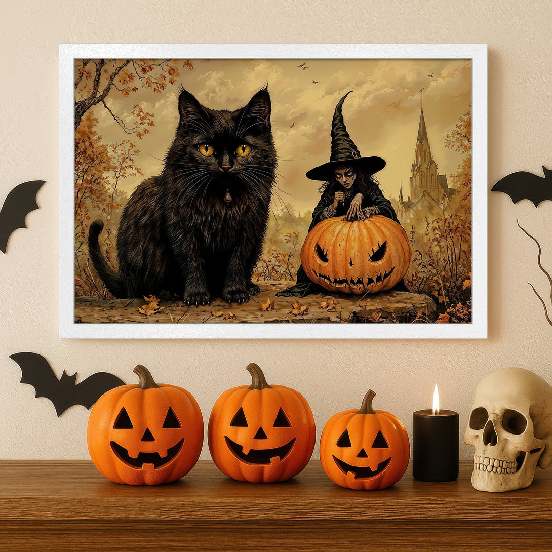 Framed Poster featuring a black cat, witch, and pumpkin in a vintage style, warm autumn color palette. Perfect Halloween decor!