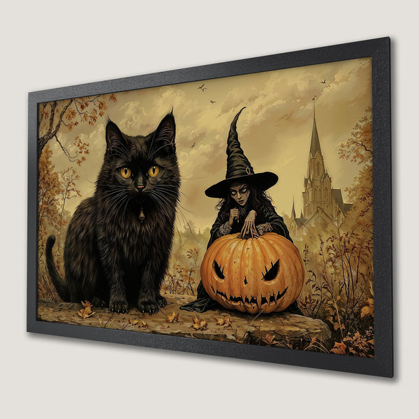 Framed Poster: Spooky Halloween art with black cat, witch, and pumpkin. Warm autumnal color palette. Perfect wall decor!