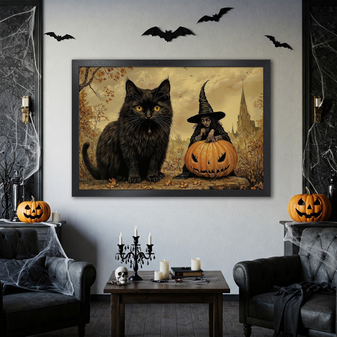 Framed Poster featuring a black cat, witch, and pumpkin in a Halloween theme. Artistic style, warm color palette. Perfect spooky decor!
