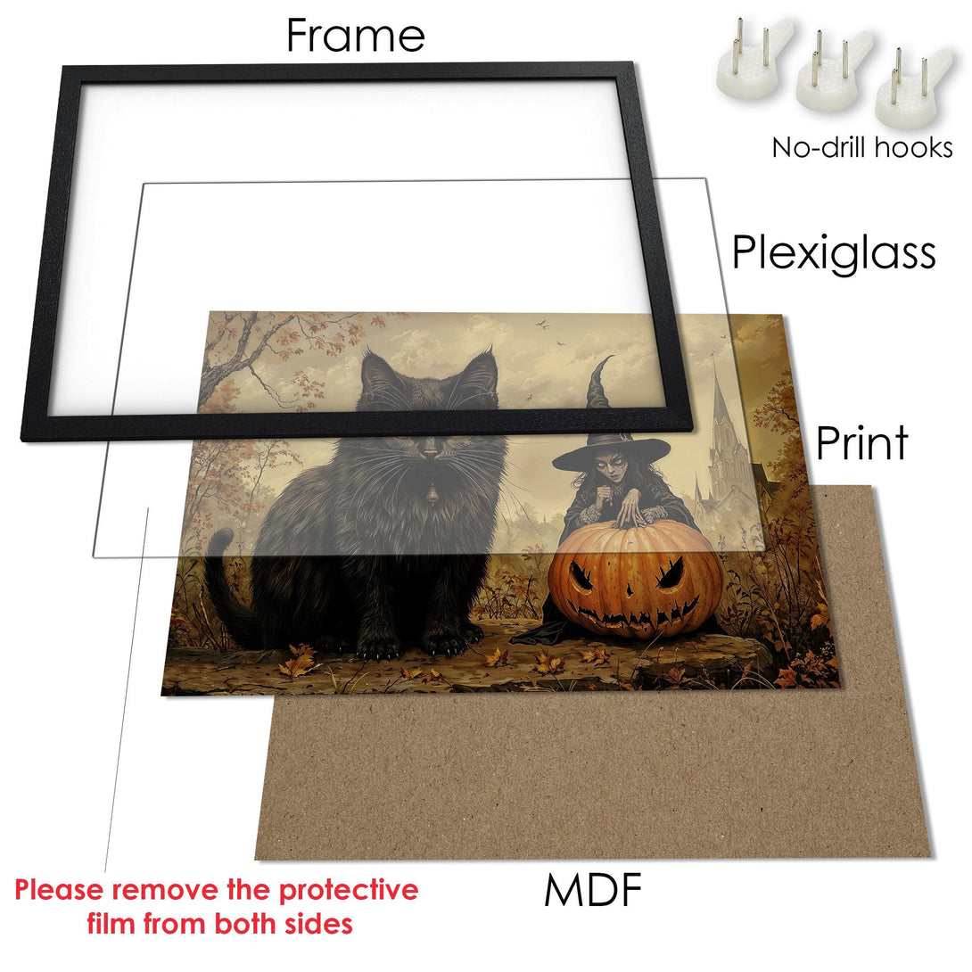 Framed Poster featuring a black cat, witch, and pumpkin in a spooky, autumn style with warm, earthy tones. Perfect Halloween decor!