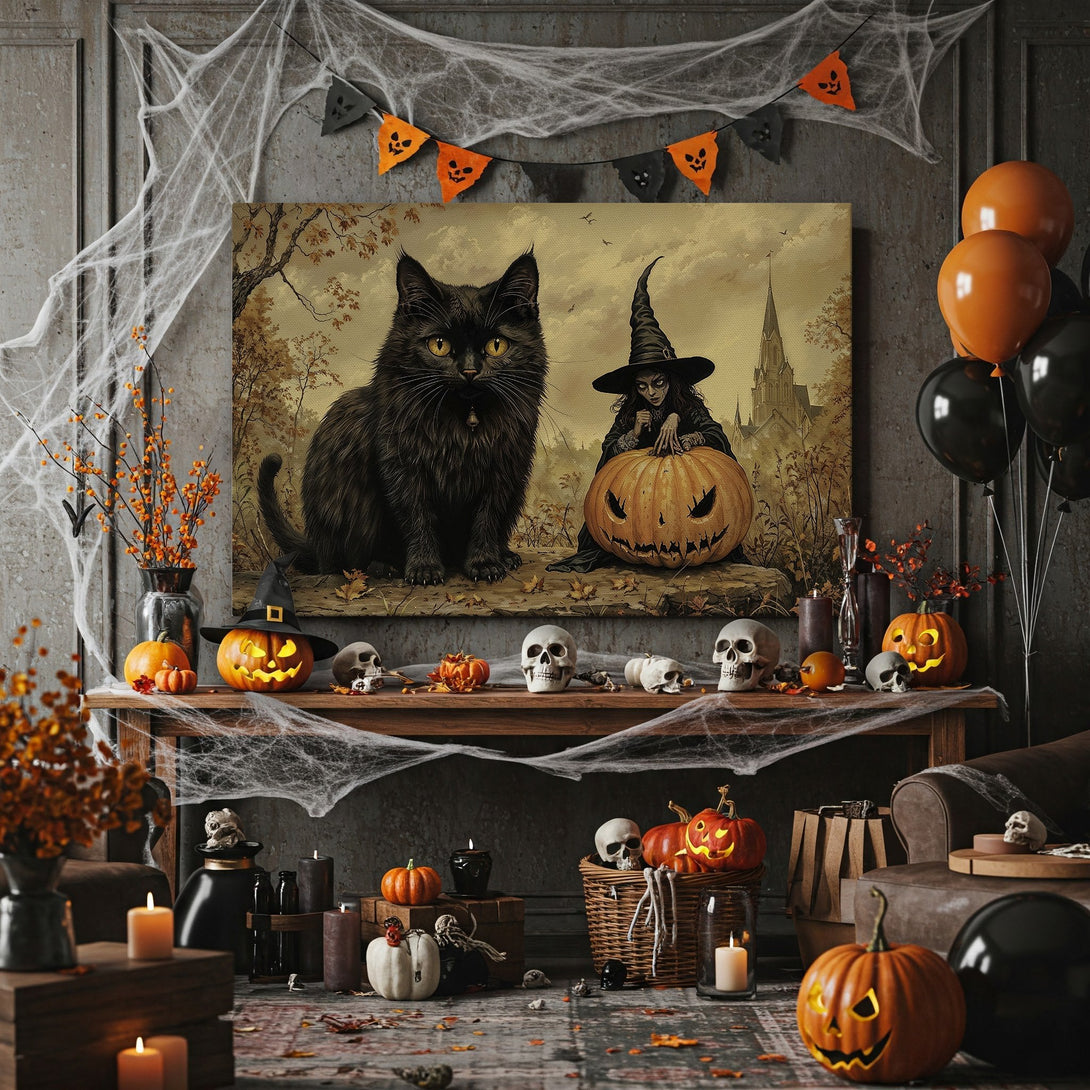 Framed Wall Art: Spooky Halloween scene with black cat, witch, and pumpkin. Vintage style, warm autumn color palette. Perfect for seasonal decor!
